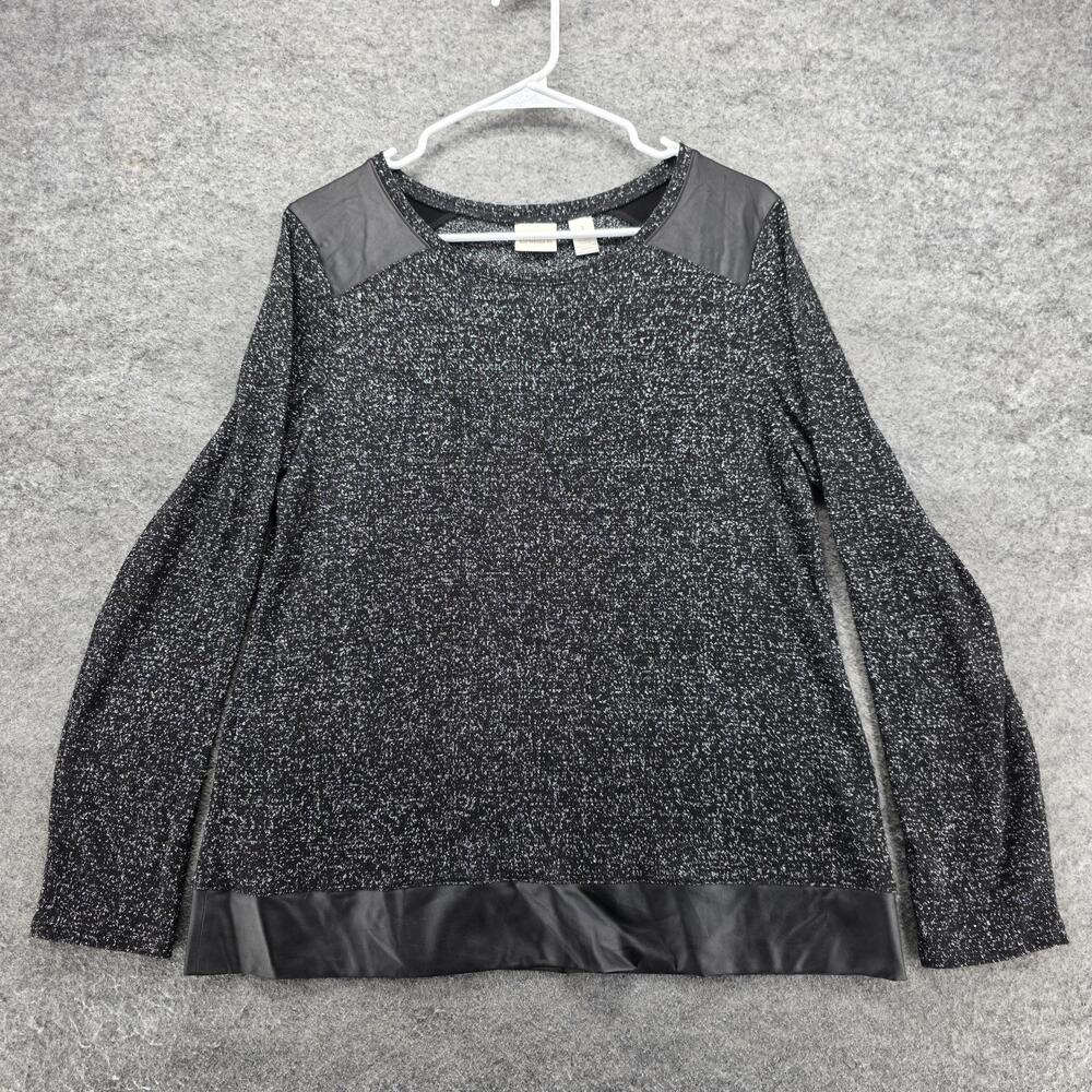Chicos Sweater Womens 1 Medium Black Metallic Knit Faux Leather Trim Pullover